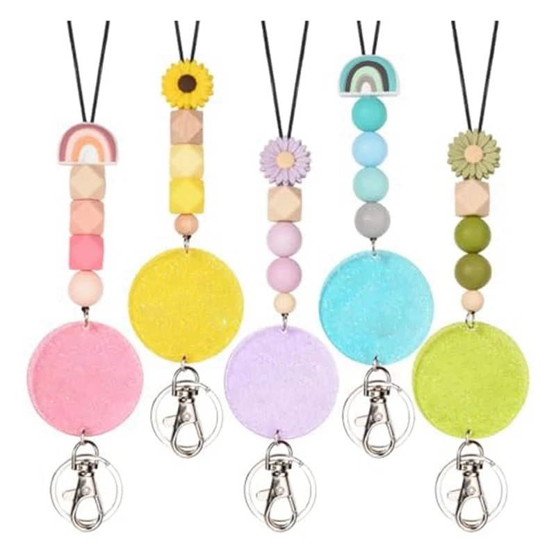 

5 шт. персонализированный Блестящий шнурок для учеников, шнурок с радужными бусинами и цветами для учеников, яркий шнурок с именем для ключей, идентификационный значок