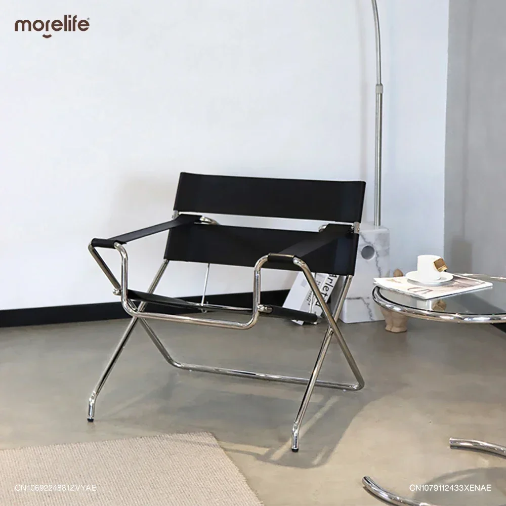 

Minimalist Light Luxury Leather Back Folding Chair Style Leisure Stainless Steel Saddle Single Sofa Chairs Modern Furniture