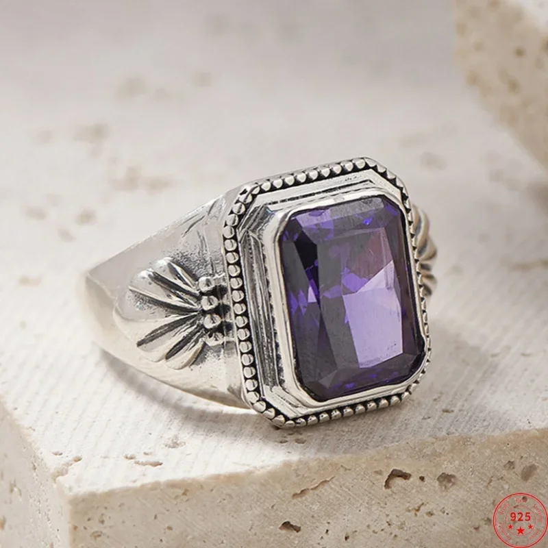 S925 sterling silver charms rings for women men new fashion relief pattern inlaid square Natural amethyst jewelry free shipping