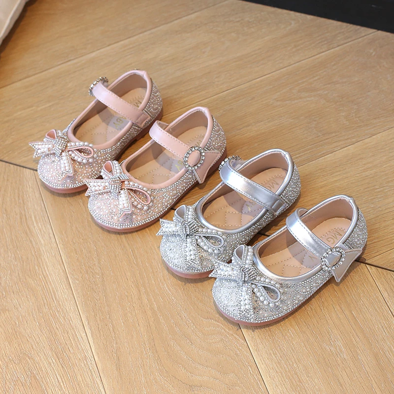 Princess Kids Leather Shoes for Girls Casual Glitter Low Heel Beaded Butterfly Knot Pink Silver