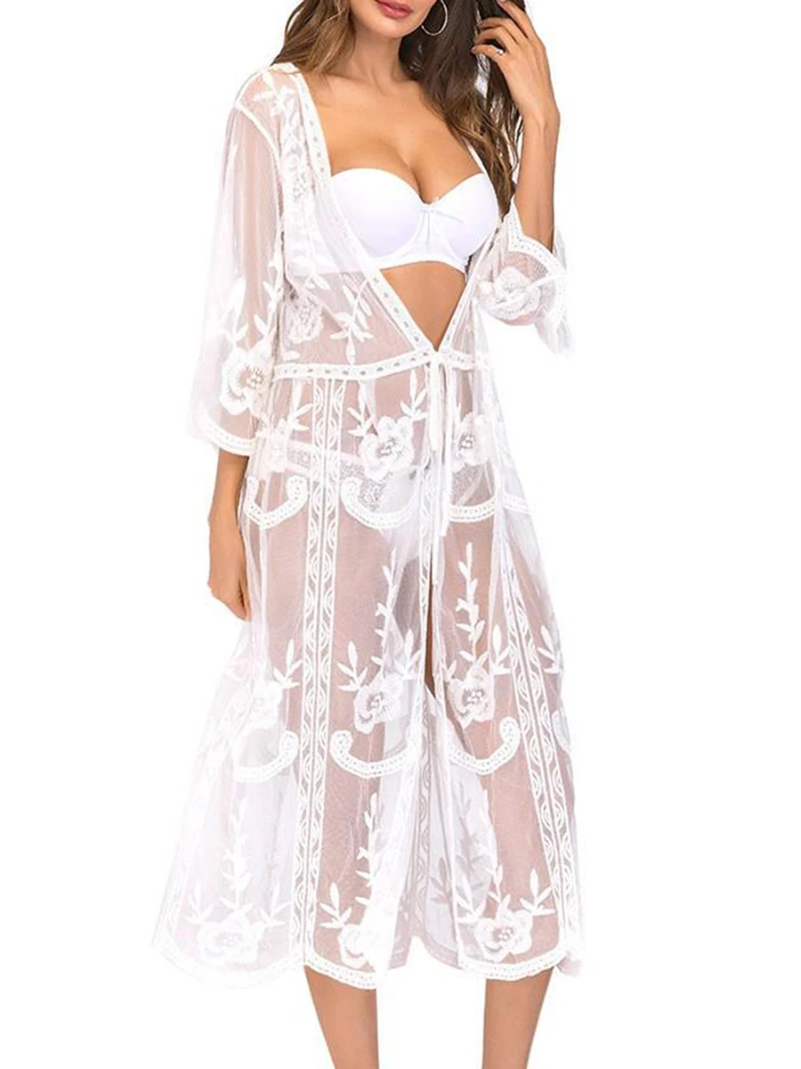 

Women Kimono Bikini Cover Up Summer Floral Lace See-through Long Sleeve Cardigan Smock for Swimsuit Beachwear