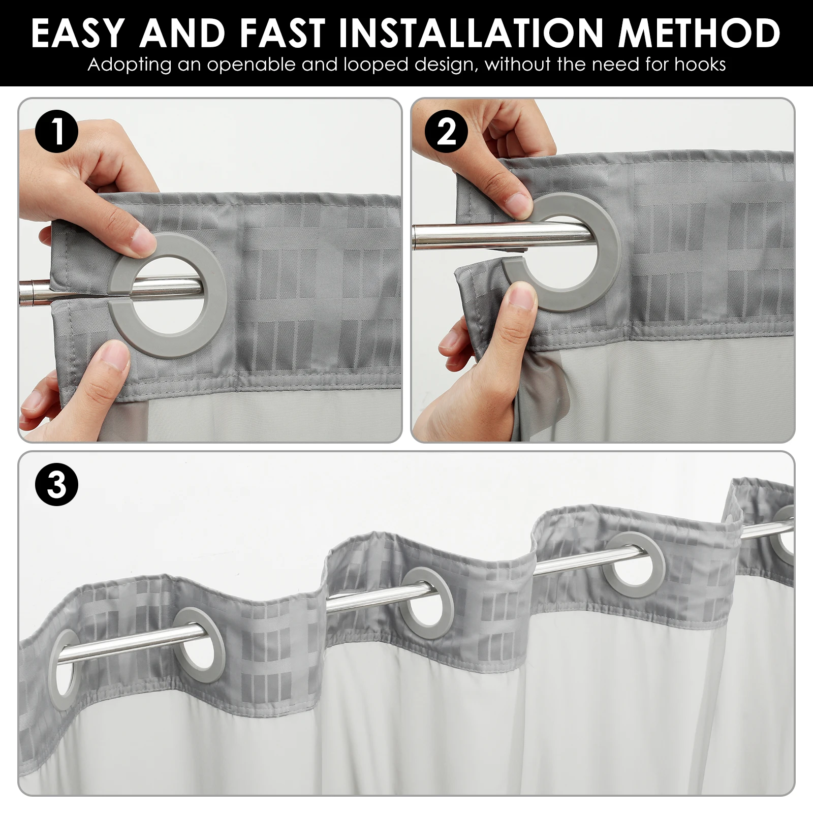 Waterproof Shower Curtain 180x188cm No Hook Shower Curtain Double Layer with Snap Contemporary Design Hotel Bathroom Curtain