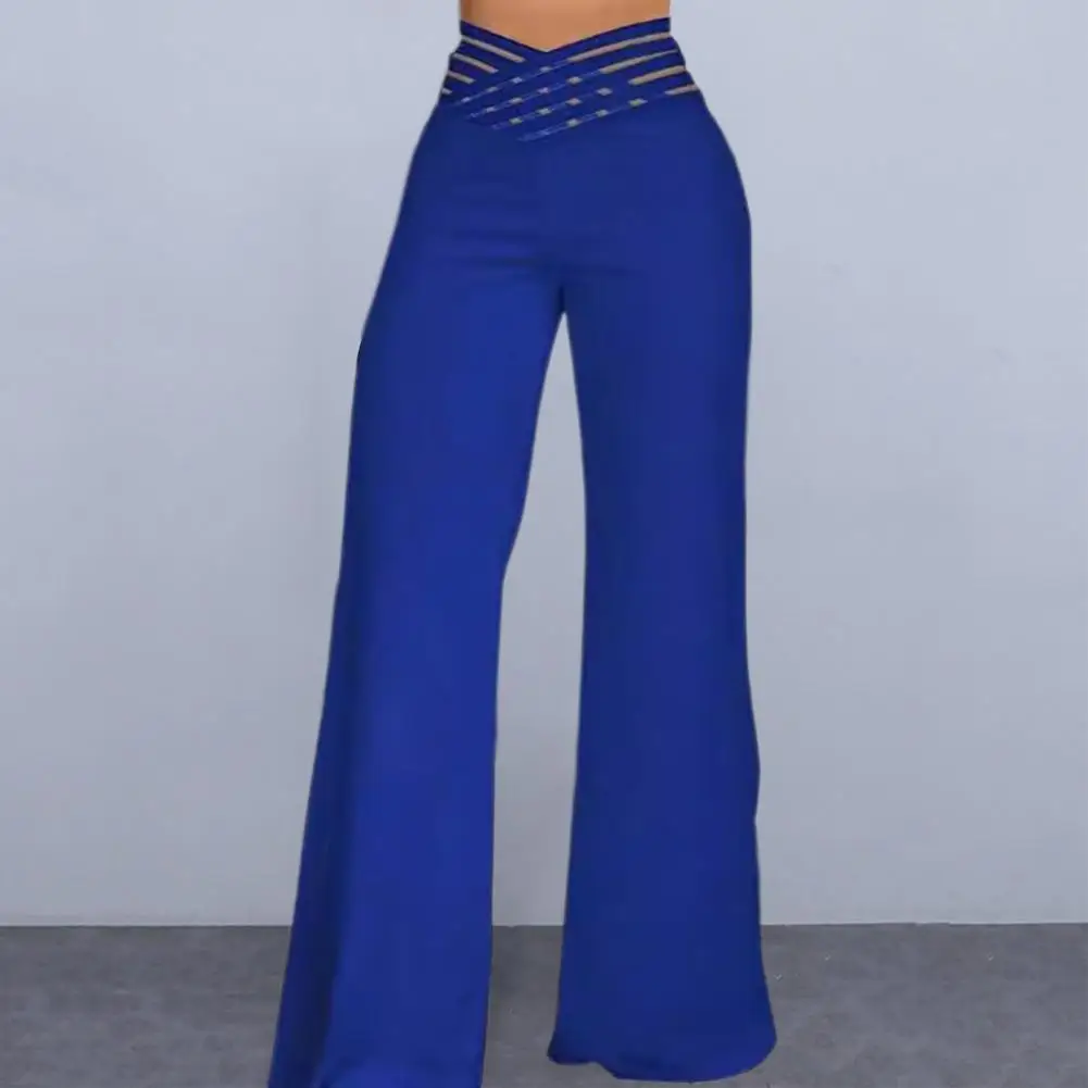 

High Waist Long Pants Women Hollow Elastic Waistband Wide Leg Casual Trousers Solid Color Loose Fit Trousers