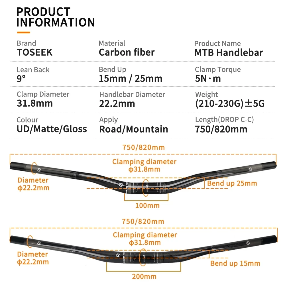 Carbon Fibre Handlebar Bicycle MTB Swallow Shaped 31.8mm 750/820mm Bend up 15/25mm