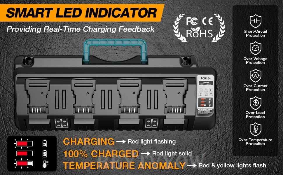 4 Ports Battery Charger Compatible with Dewalt 20V Li-ion Batteries Rapid Fast C