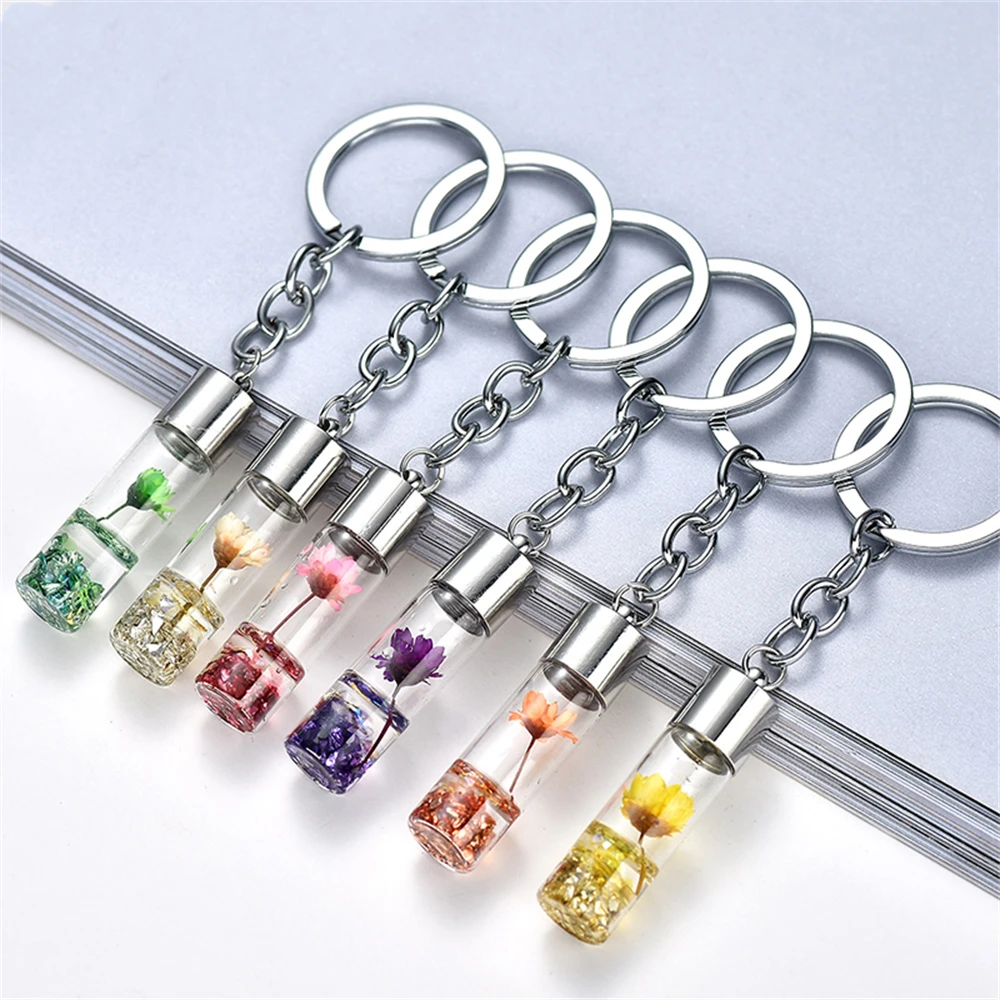 Key Chains Fashion Natural Eternal Flower Dried Flower Plants Wishing Bottle Key Holder Women Bags Accessories