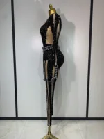 Sexy Sparkly Diamond Black Long Sleeves Bodycon Mesh Jumpsuit Evening Party Nightclub Bar Singer Performance Stage Costume - Image 3