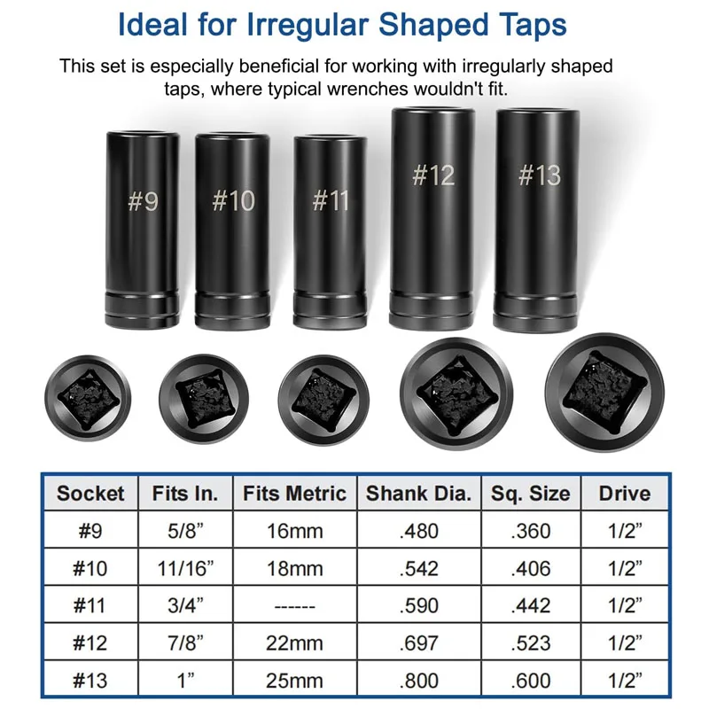 71670 Large Tap Socket Set, Fit 5/8", 11/16", 3/4", 7/8" & 1" (16mm-25mm) Taps, For Larger, M.C.T.I. Standard Taps