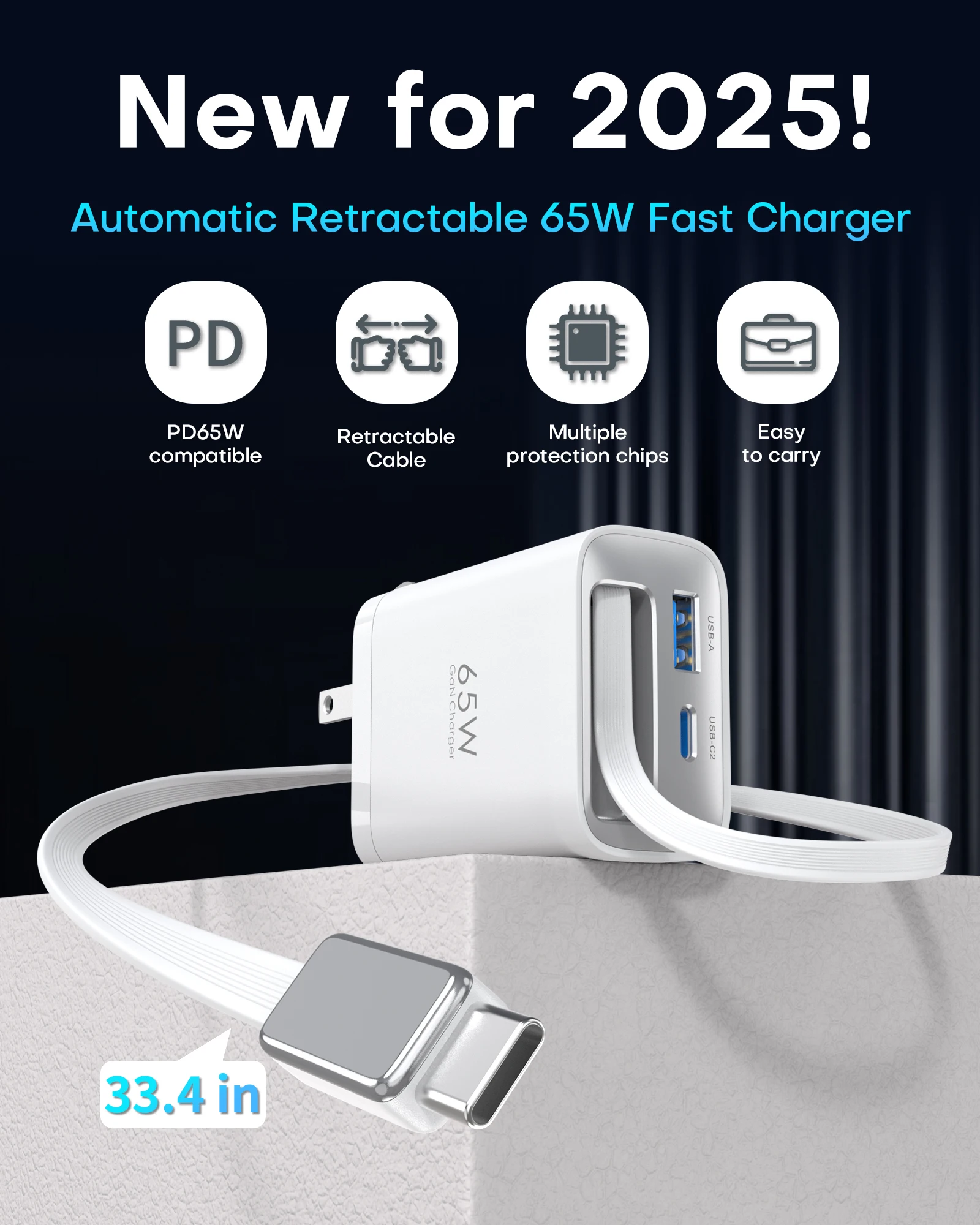 65W GaN PD3.1 Fast Charger With Retractable Cable , 3-Port Type-C + USB-A Travel Adapter For IPhone , Laptops, Galaxy Series 2