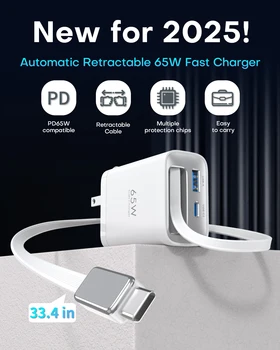 65W GaN PD3.1 Fast Charger With Retractable Cable , 3-Port Type-C + USB-A Travel Adapter For IPhone , Laptops, Galaxy Series 2