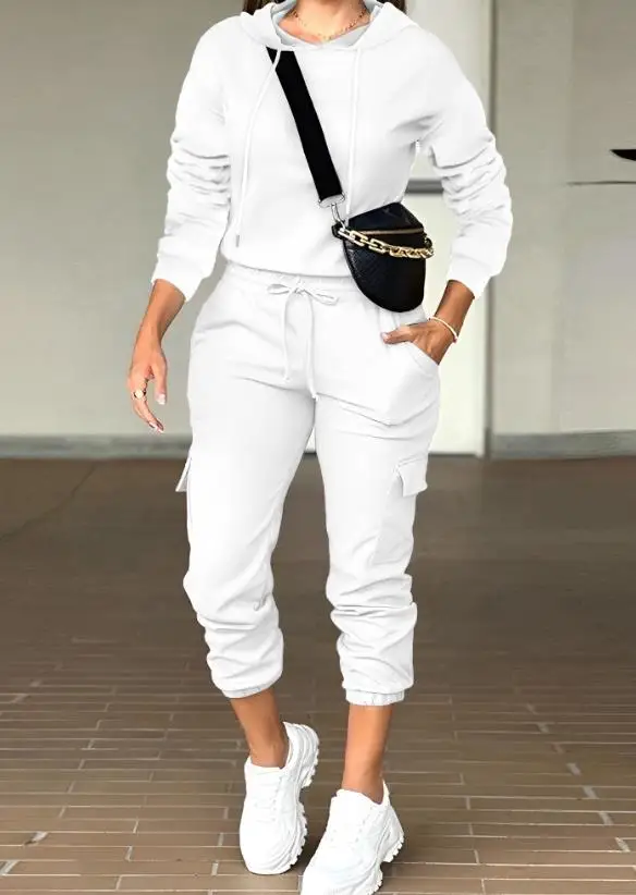 Two Piece Set Women Outfit 2023 Spring Fashion Long Sleeve Hooded Top & Casual Plain Pocket Design Drawstring Long Pants Set
