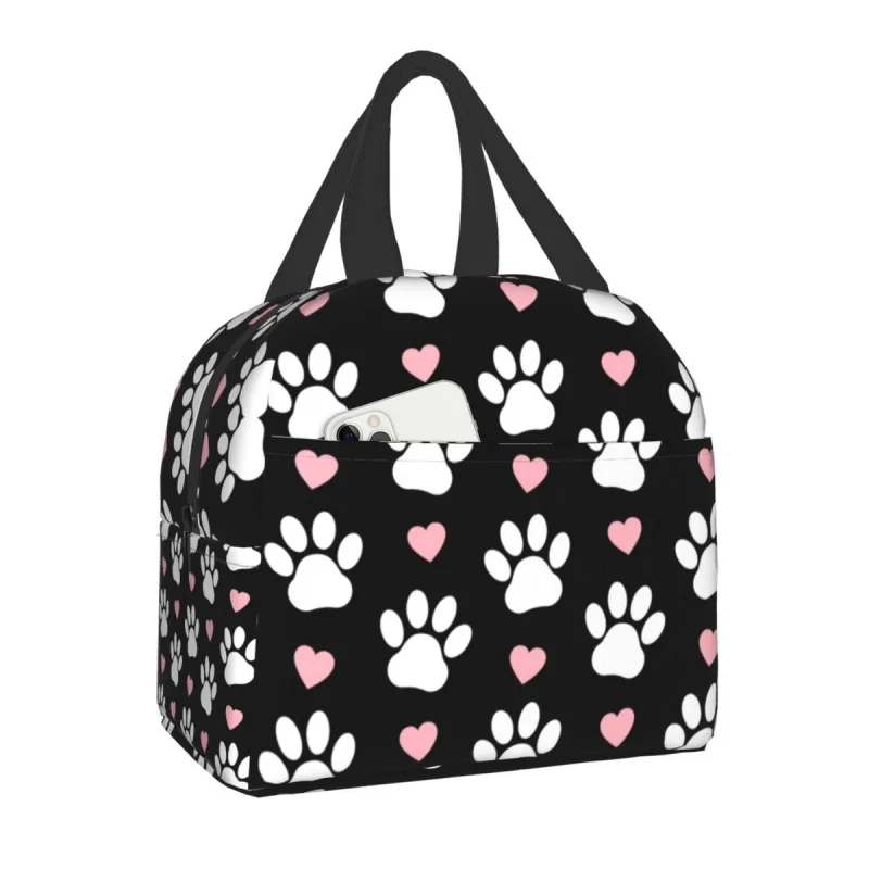 

Pattern Of Paws White Dog Paw Insulated Lunch Bags for Women Pretty Pink Hearts Puppy Cooler Thermal Lunch Box School Children