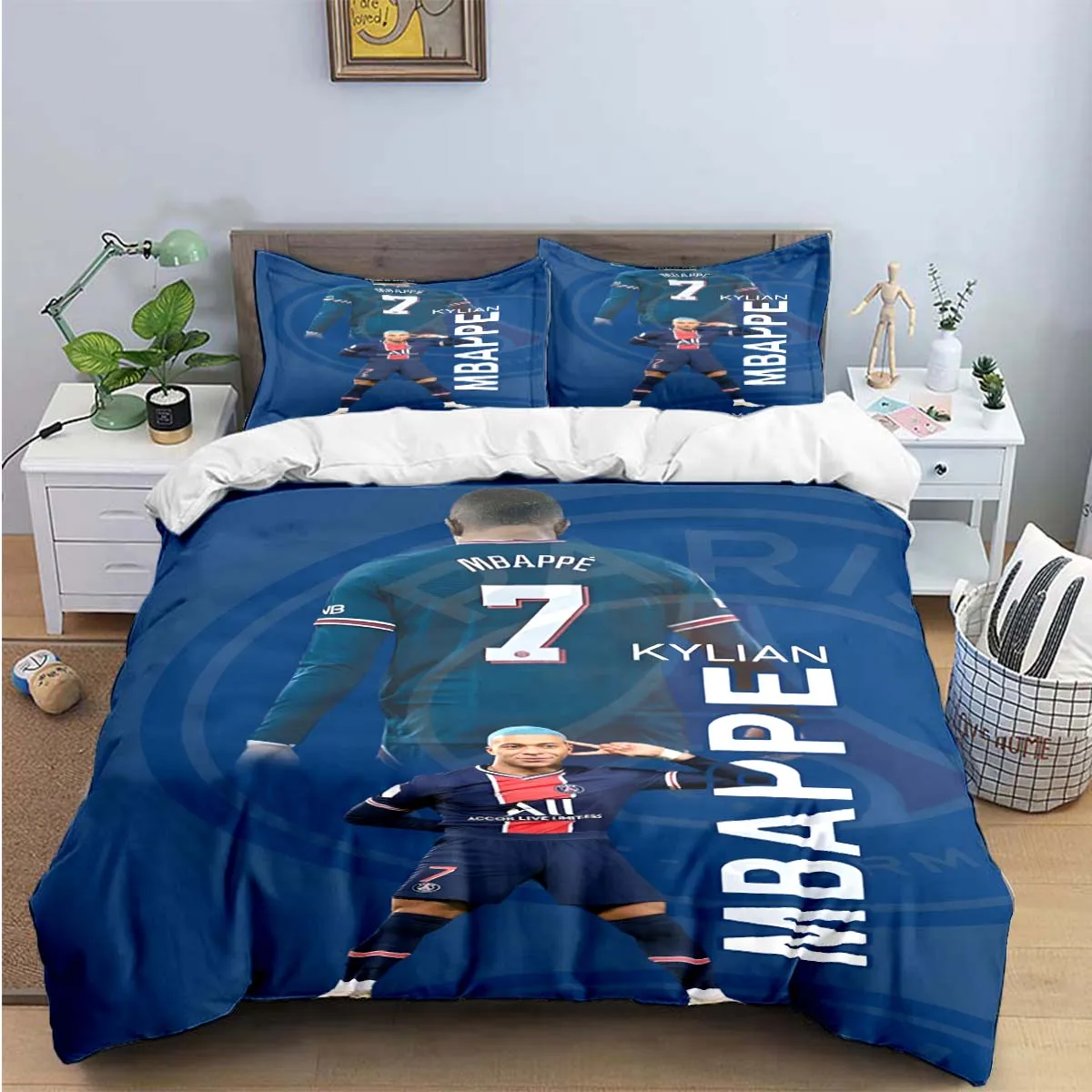 CULPRT Kylian Mbappe Sets De Housses De Couettes 3D,Microfibre Parure De Lit 2 Pièces Avec Fermeture Éclair Housse De Couette Et Taies D'oreiller Single( 135x200cm