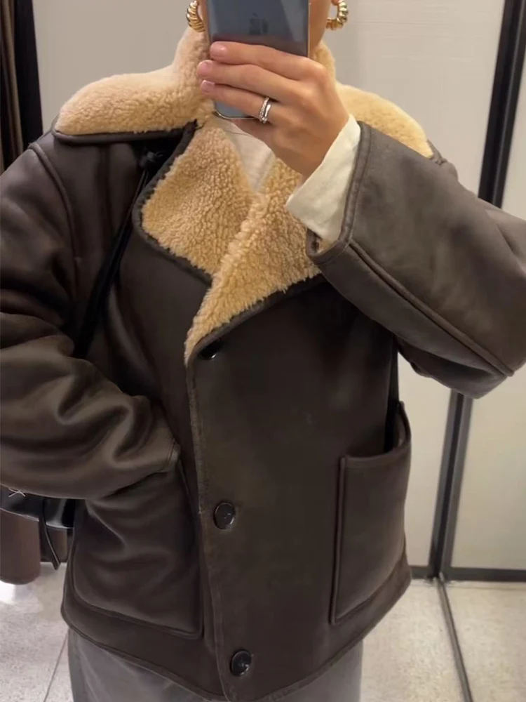 Autumn New Women's Loose Jacket Fashion Faux Fur Leather One Piece Pocket Jacket Coats Female Casual High Street Outerwear