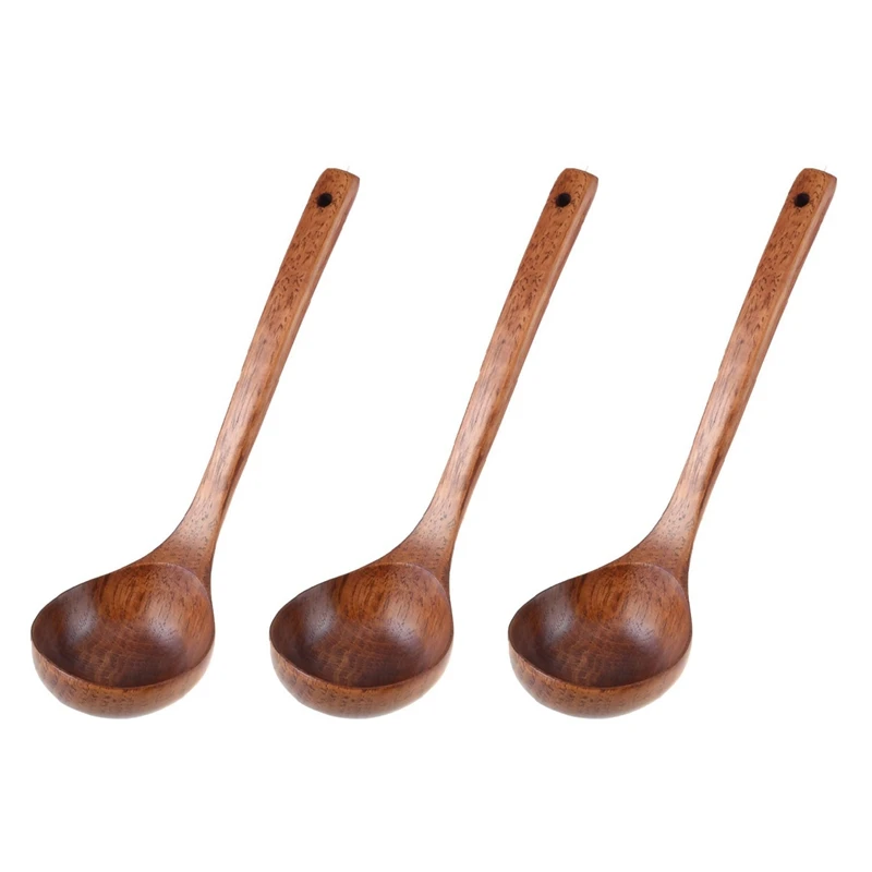 

3X Kitchen Cooking Straight Handle Wooden Wood Soup Scoop Spoon Ladle Brown 11 Inch Long