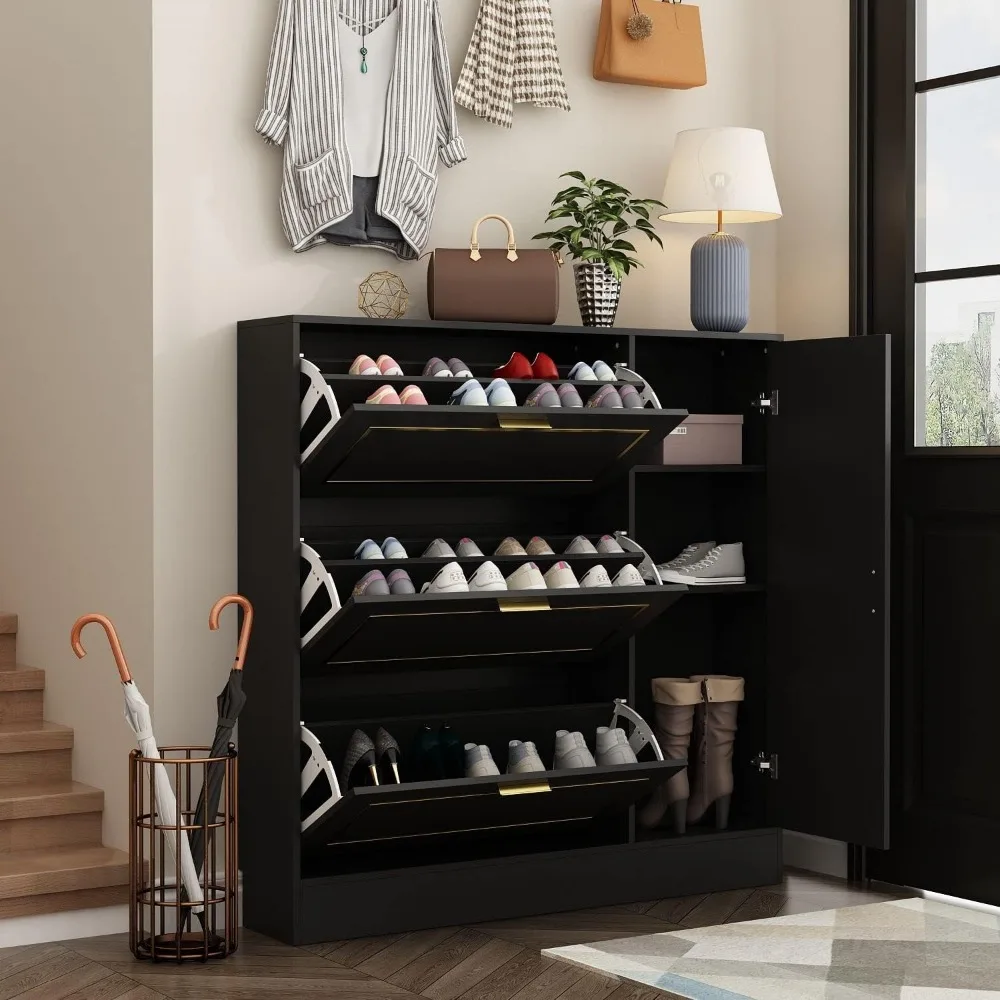 Shoe Storage Cabinet with 3 Flip Drawers & Locker, Wood Shoe Cabinet for Entryway, for Hallway Black and Gold (47.2”W x 9.5”D x 3