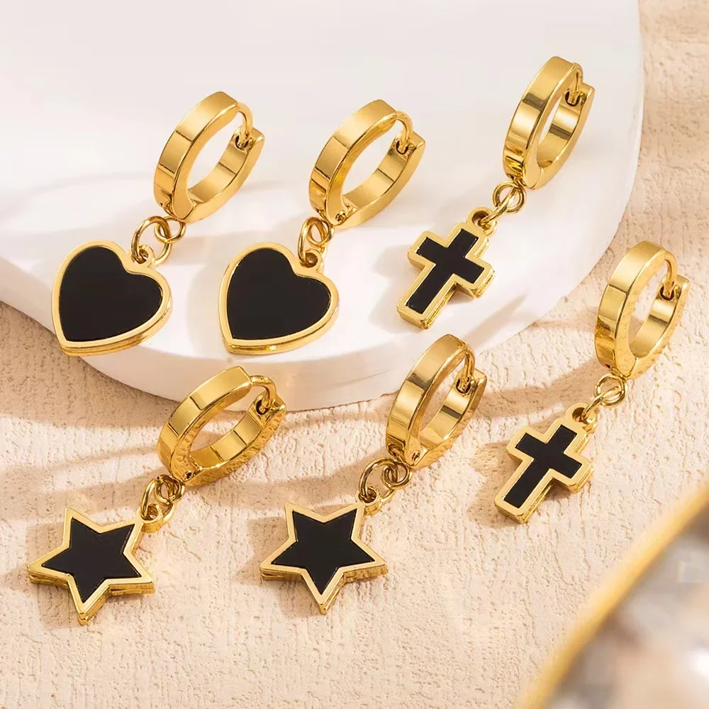 

Fashionable and minimalist popular women's earrings, cross retro design, geometric black crystal earrings, jewelry accessories