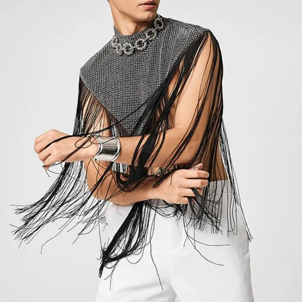 Men Cape Shining Fringed Mock Collar Long Tassel Sleeveless