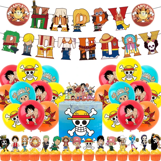 One Anime Piece Birthday Decorations，Luffy Zoro Birthday Party  Supplies-Include Birthday Banner Cake Toppers Balloons,Invitation Card,One  Piece Theme