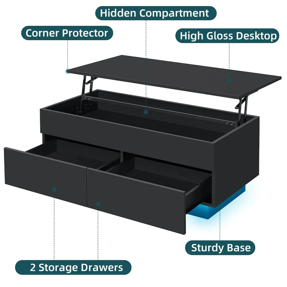 LED Lift Top Coffee Table with Storage Modern Coffee Tables for Living Room Rectangle High Gloss Center Table with 2 Drawers 3