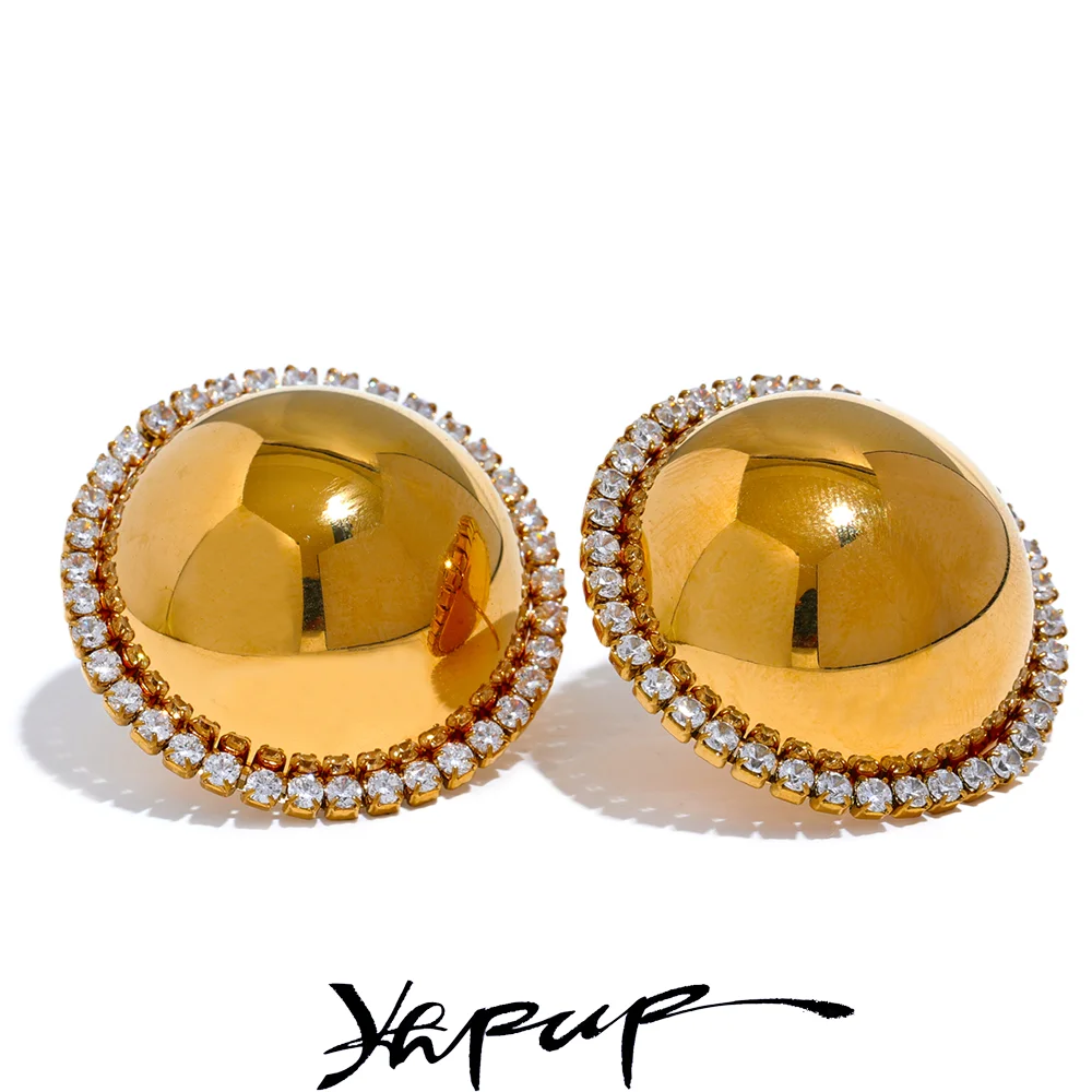 Yhpup 30mm Smooth Stainless Steel Round Big Stud Earrings Bling Cubic