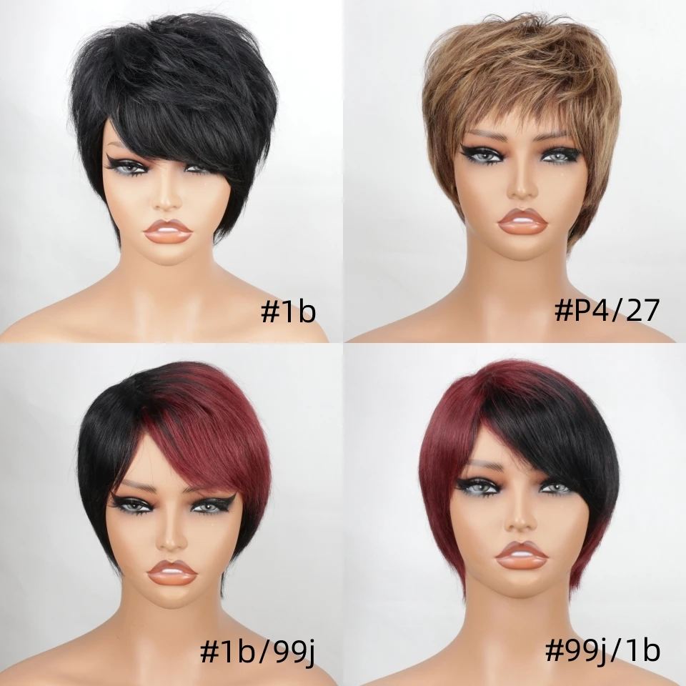Human hair wigs Short Pixie Cut Wigs Full Machine Made Wig With Bangs Wavy Ready To Wear Wigs Straight Hair 100% Remy Human Hair For Women