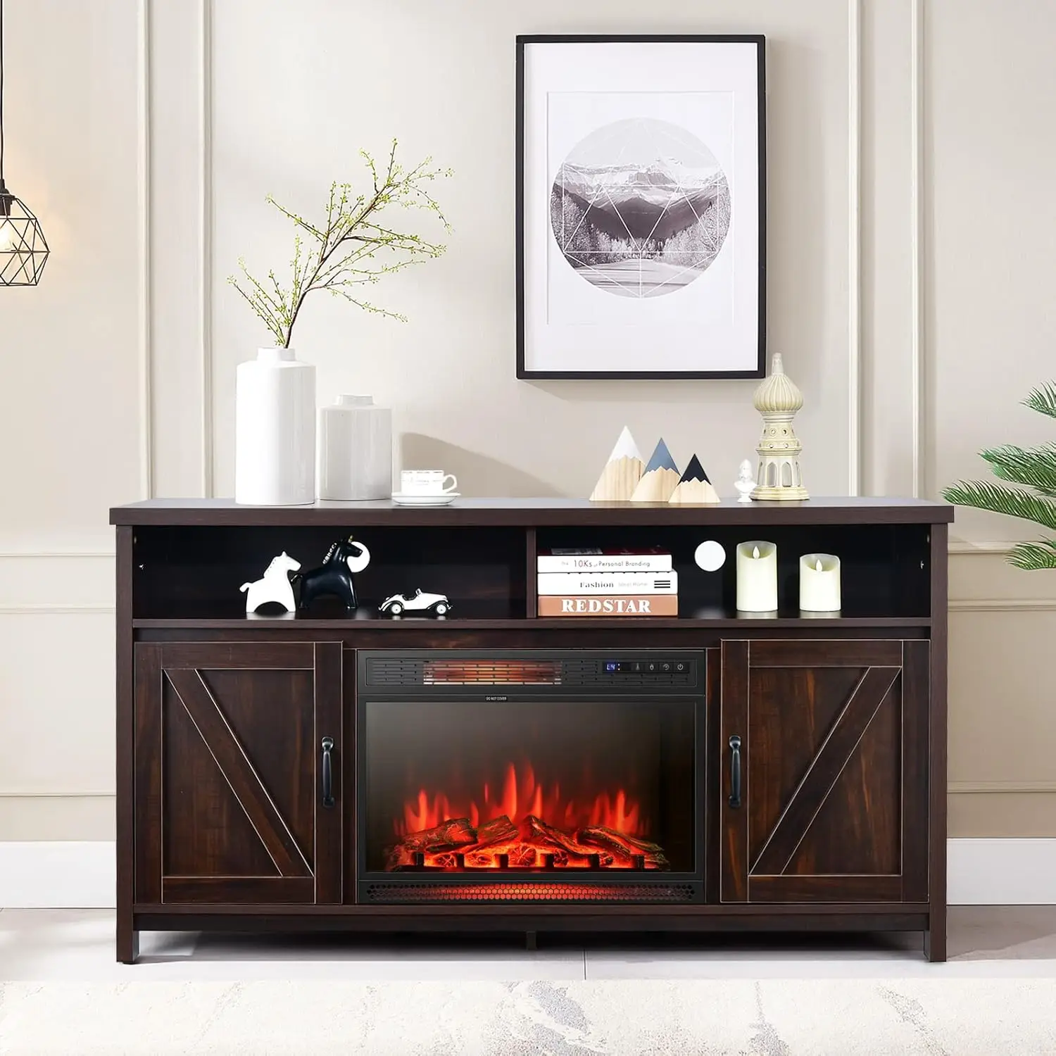 Electric Fireplace TV Stand, with 25 Inch 1350W Reccessed Faux Fireplace, 3 Flame Setting, 4 Brightness Remote Control 2