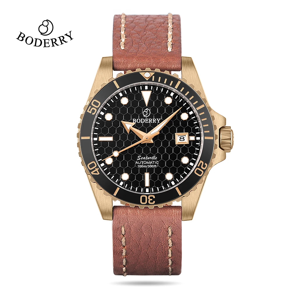 BODERRY Men's Bronze Diver Automatic Watches Top Brand Luxury Clock 100M Waterproof Wristwatch Sport Mechanical Watch for Men tandorio titanium automatic diver watch for men 40mm 20atm nh35 pt5000 model sapphire crystal date 200m waterproof cowhide strap