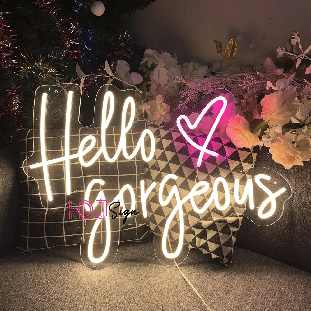 60cm Neon Sign Lights Hello Gorgeous Neon LED Sign Girl Room Decor BedroomWedding Decor Wall Hanging Decor For Salon Party Bar
