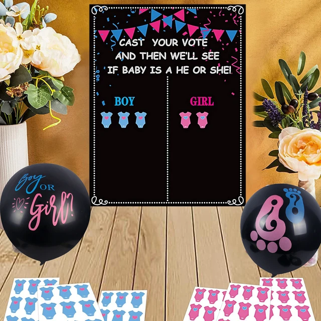 Baby Gender Reveal Decoration Set, Gender Reveal Party Poster Games with 54  Boy or Girl Voting Stickers, 26 Gender Reveal Party Supplies with Black