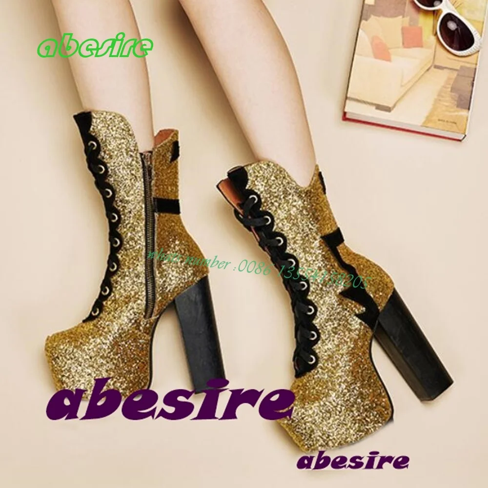 

Женские ботинки на массивном каблуке с молнией, ботинки с перекрестной шнуровкой и круглым носком, короткие ботинки на золотой платформе, Новое поступление 2023, элегантная привлекательная женская обувь