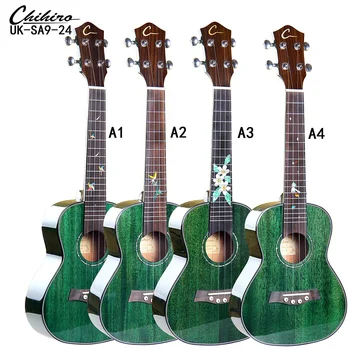 China Guitar Factory Custom Musical Instruments Concert 23 Inch Mahogany Body Green Ukulele High Gloss With Colorful Stone Inlay