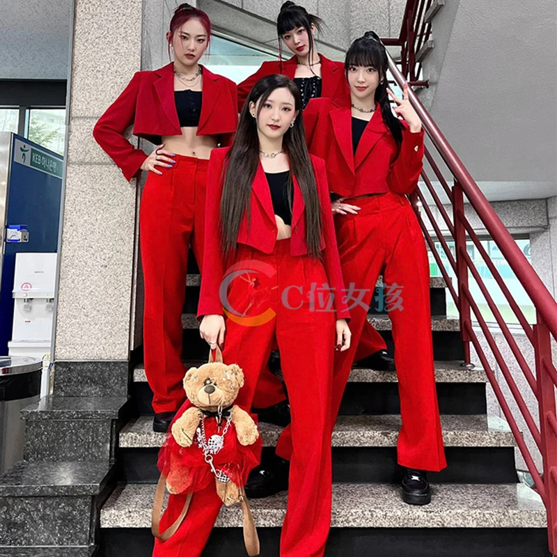 

Red Jazz Dance Costume Women Hip Hop Kpop Outfits Y2K Concert Stage Wear Korean Group Idol Clothing Performance Suit 3pcs JL5820