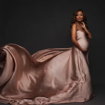 Pink Soft Satin Maternity Gown Fabric For Photo Shoot Sexy Baby Shower Pregnant Woman Dresses Bathrobe Photography Clothes