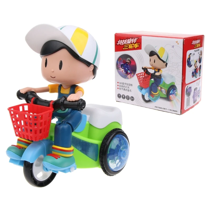 HUYU Electric Stunt Bike Toy Kids Music Tricycle Toy Children Interactive Omni-Directional Wheel 360°Rotate Car Gift Baby Toy