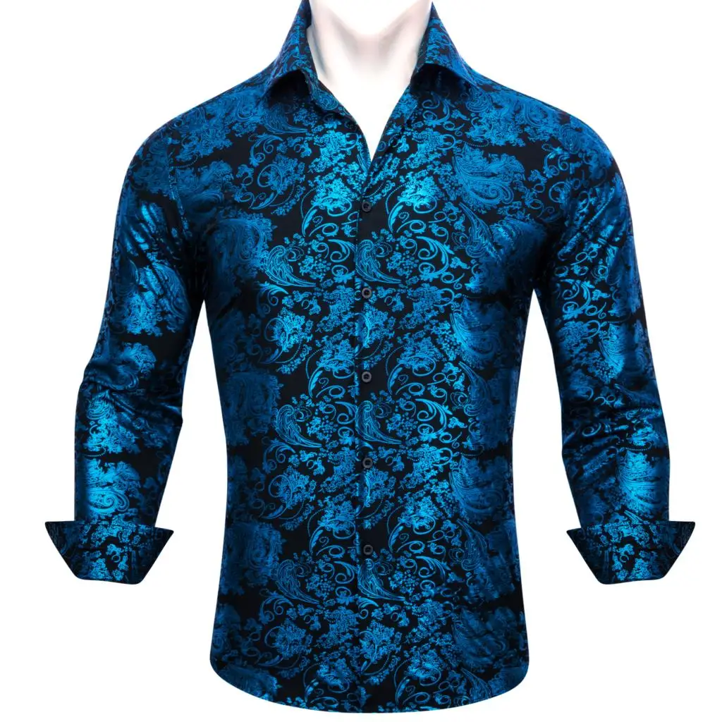 

Casual Shirts for Men Silk Long Sleeve Blue Black Floral Emroidered Slim Fit Male Tops Casual Turn Down Collar Bloues Barry Wang