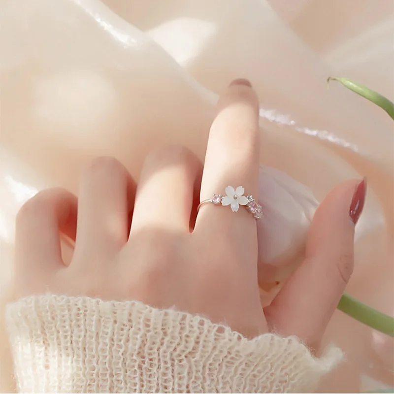 Romantic Pink Cherry Blossom Zircon Flower Ring - Aesthetic Wedding & Christmas Jewelry