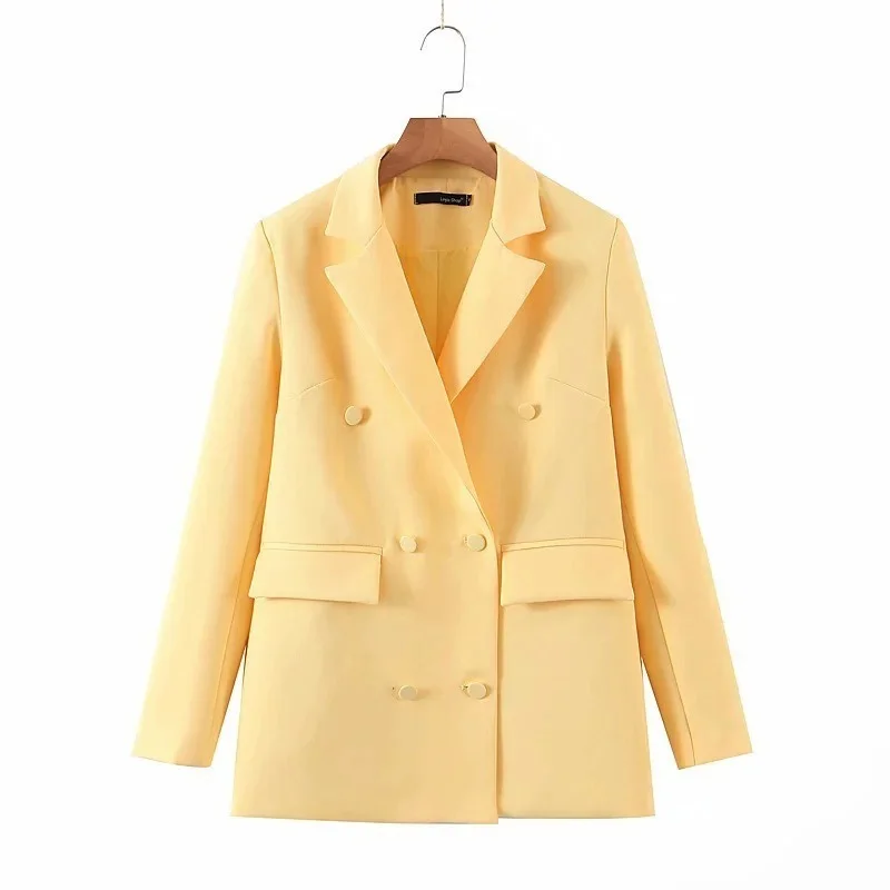 Yellow British Style Blazer 2024 Women Solid Colors Double Breasted Casual Office Blazer Suit New Fashion Work Commute Clothes