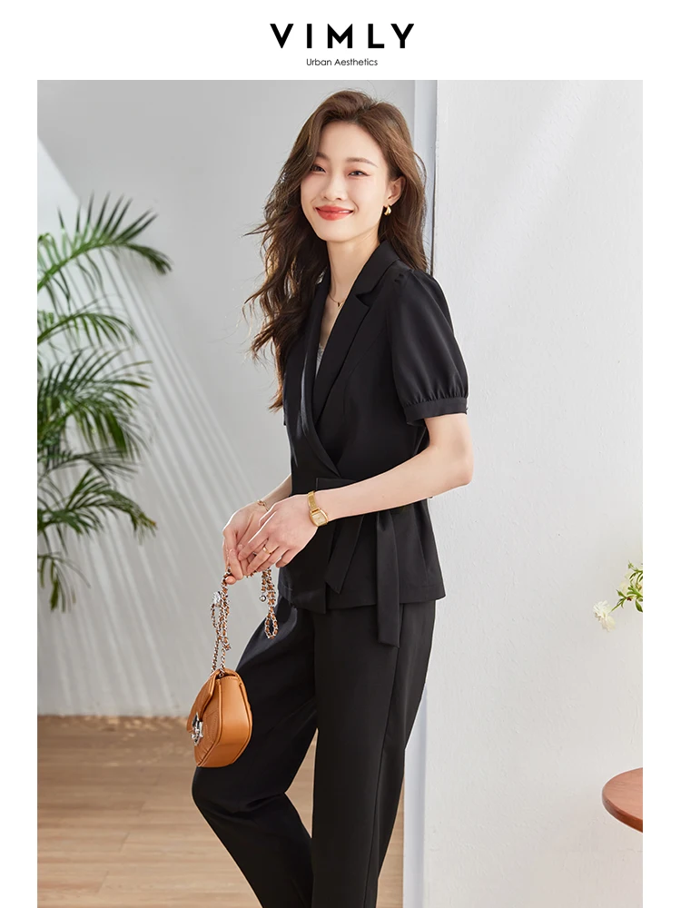 Vimly Elegant Black Women's Suit Blazers and Pants Set 2023 Summer Short Sleeve Wrap Lace-up Slim Blazers Jacket 2 pieces Set