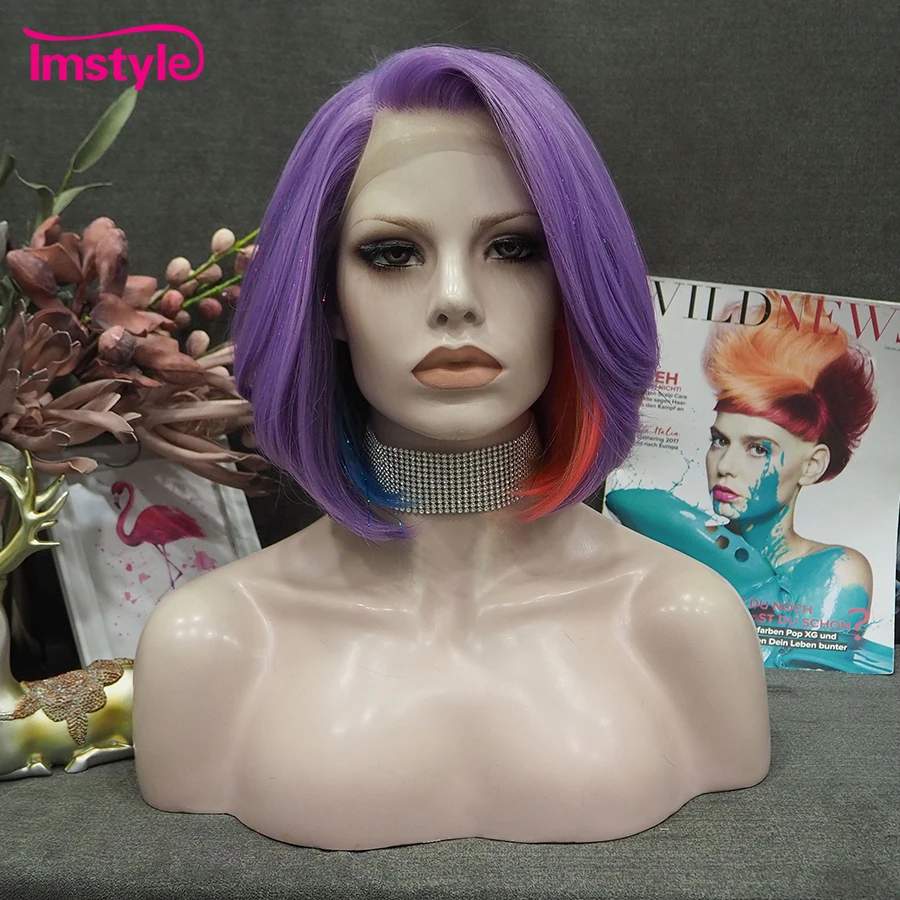 Imstyle Short Bob Wig Colorful Synthetic Lace Front Wig Tinsel Mixed Purple For Women Cosplay Party Heat Resistant Fiber