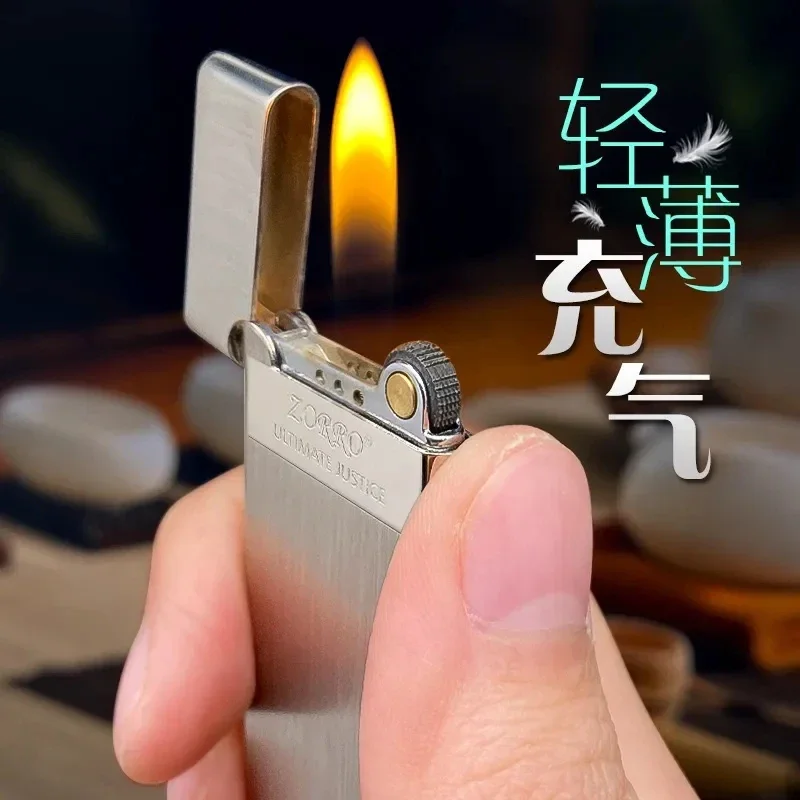 Description Picture 2 of item2024 New Zorro Brass Lighter Slim 5mm Inflatable Creative Grinding Wheel Portable Classic Windproof Lighter Smoking Men's Gift