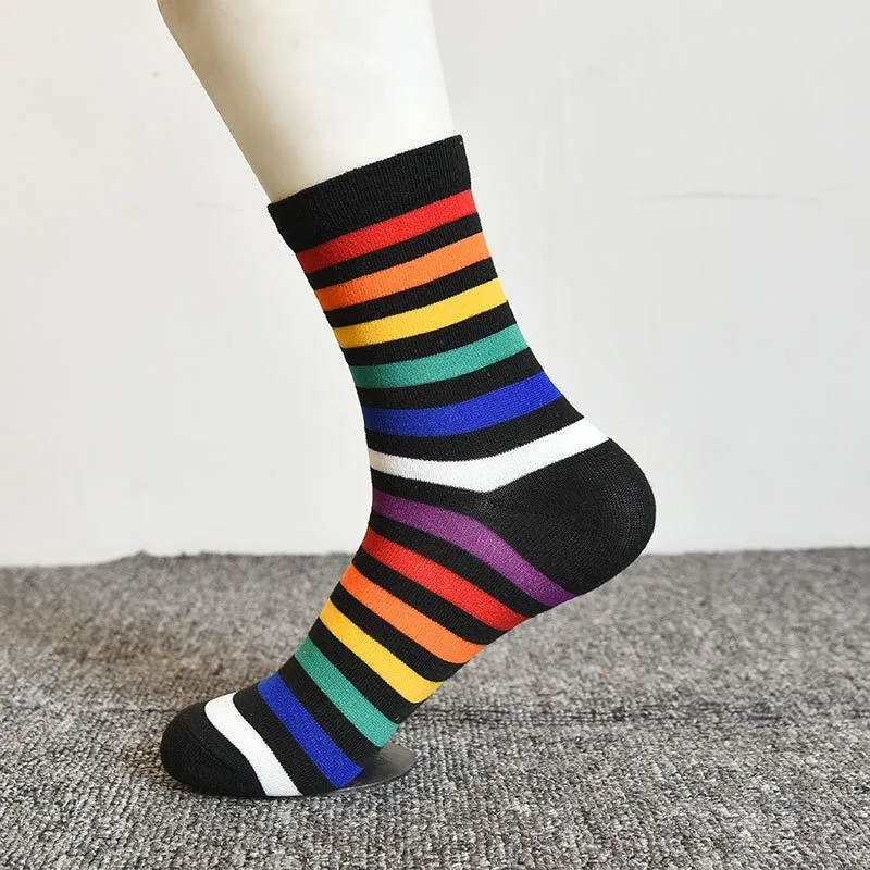 Unisex Rainbow Stripe Cotton Socks - Fashionable Spring/Autumn Set (3 Pairs)