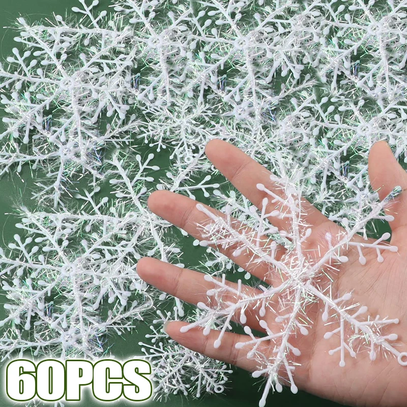 

Artificial Christmas Snowflake Flakes Glitter White Plastic Fake Snowflakes Ornaments Xmas Tree Hanging Pendant Party Home Decor