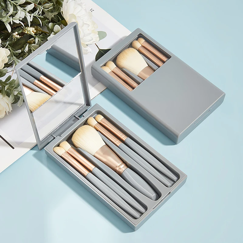 5pcs/set Makeup Brush With Mirror Box Soft-bristled Loose Powder Eyeshadow Blusher Brush Home Travel Portable Makeup Kit