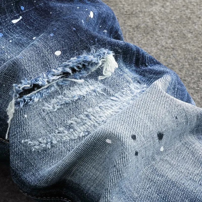 Street Fashion Men Jeans High Quality Retro Blue Stretch Slim Fit Painted Ripped Jeans Men Patch Designer Hip Hop Brand Pants