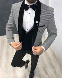 Houndstooth Check Suit Coat Velveteen Vest Black Trousers Shawl Collar Blazer Trousers Men's Sets Party Wear Men Wedding Outfit