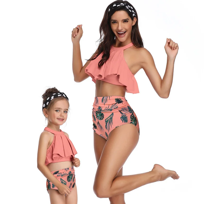 womens bathing suit cover up Flounce Family Matching Swimwear High Waist Family Swimsuit Two-piece Mum Girl Swimsuit Bathing Suit Mother Daughter Swimwear long sleeve beach dress Cover-Ups