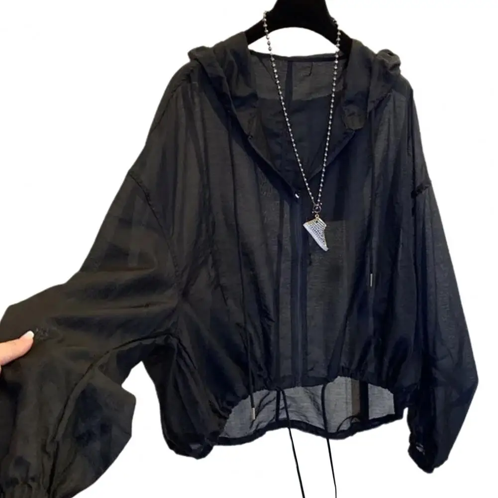 

Hooded Jacket Women Sunscreen Coat Sweatshirt Drawstring See-Through Zipper Summer Thin Jacket