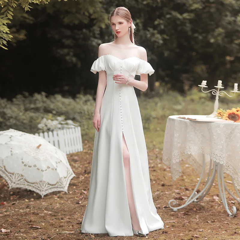 

French Light Wedding Dress New Bride Simple Satin One-shoulder Collar Certificate Small Dress Skirt Going Out Wedding Dress