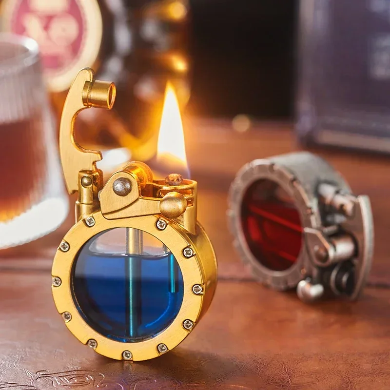 Retro Transparent Oil Tank Metal Rocker Kerosene Lighter Personality Windproof Cigarette Lighter Men Collection Gifts